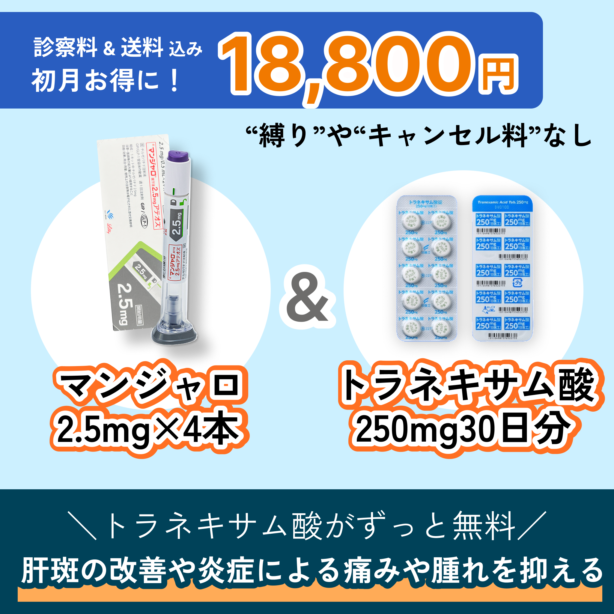 GIP/GLP1注射2.5mg注射4本とトラネキサム酸250mg錠30日分のセット商品
