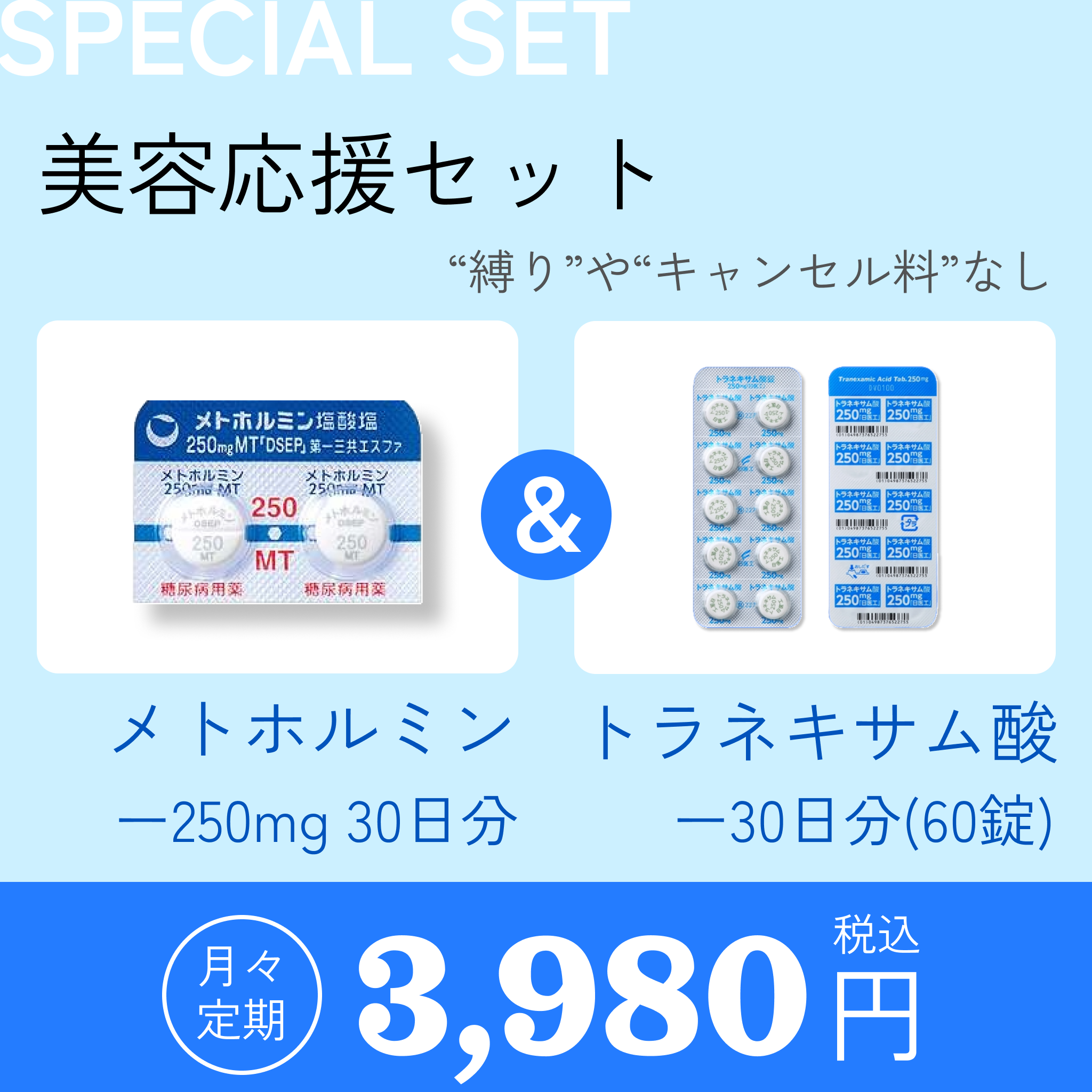 メトホルミン250mgとトラネキサム酸60錠の美容応援セット、30日分、糖尿病治療とダイエット支援に効果的な医薬品パッケージ