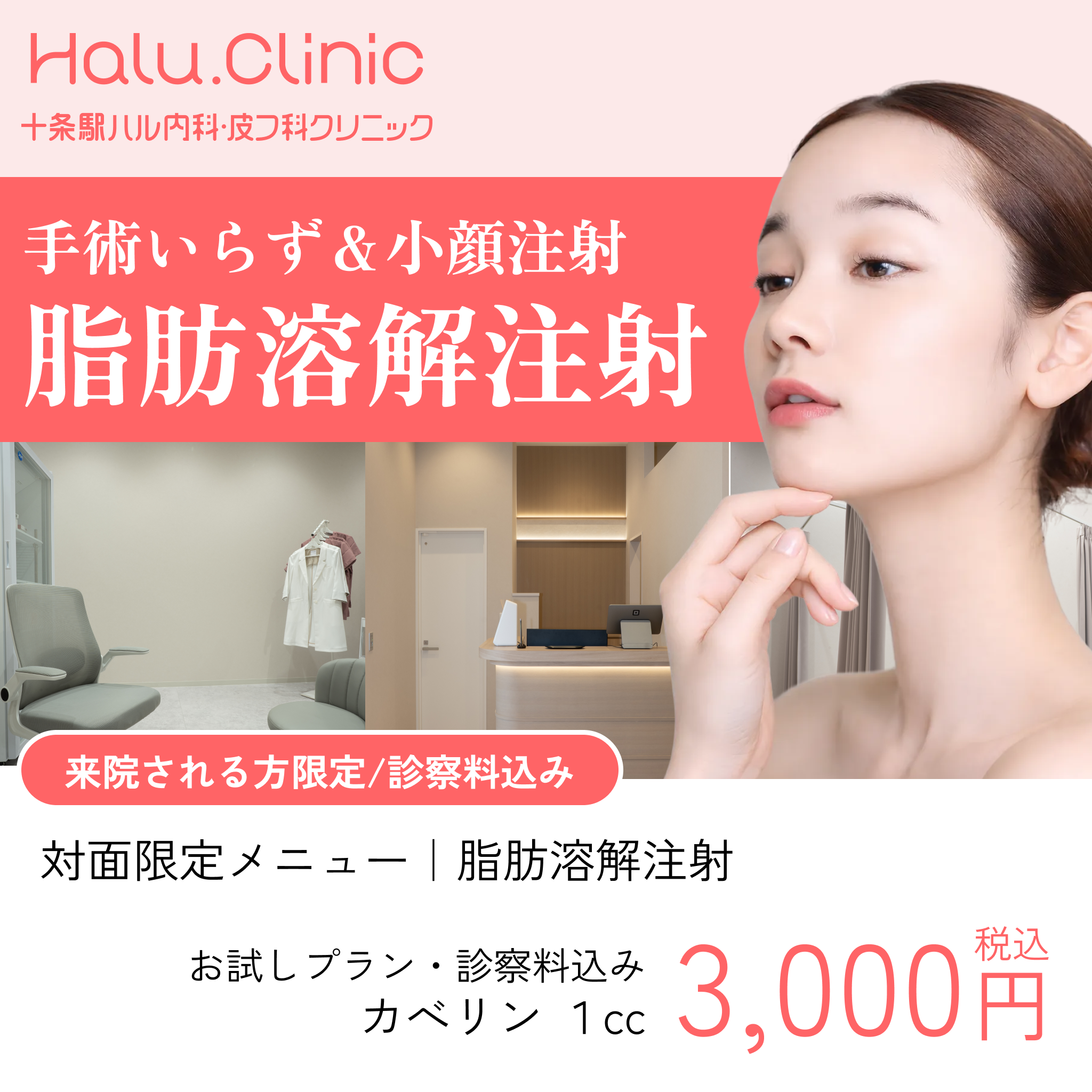 対面限定メニュー｜脂肪溶解注射｜十条駅ハル内科・皮フ科クリニック｜<<初診料込≫1人9枚まで利用可能！